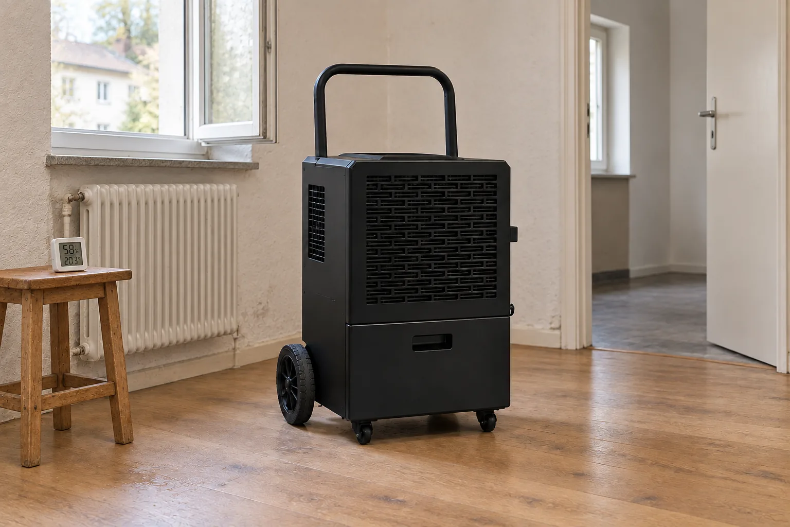 Déshumidificateur professionnel dans une pièce humide avec hygromètre